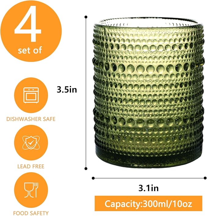 Set of 4 Hobnail Drinking Glasses, 12oz, Vintage Jupiter Drinking Glasses,Embossed Old Fsahioned Glassware for Beer,Water,Juice,Cocktail,Whiskey,Gift (Green, Small) - Image 2