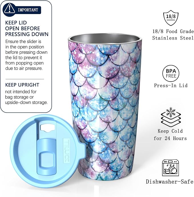 TILUCK 20 oz Insulated Coffee Tumbler with BPA-Free Lid | Travel Coffee Mug, Dishwasher Safe, Cup Holder Friendly, Double-Wall Vacuum Insulation for Hot & Cold Drinks, FishScales - Image 2