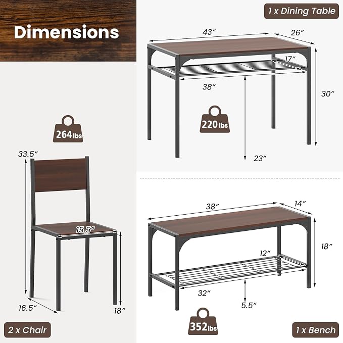Giantex Dining Table Set for 4, Kitchen Table with Chairs & Bench, Storage Racks, Metal Frame, 4-Piece Space-Saving Dinette Set for Dining Room, Breakfast Nook, Small Space, Apartment, Walnut - Image 8