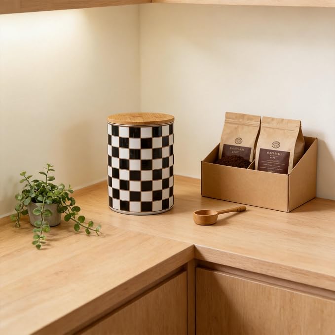 Kitchen Countertop Ceramic Checkered Canisters,Black And White Food Storage Containers With Lid,Airtight Kitchen Canisters for Flour, Sugar, Coffee, Tea, and Dry Goods (Black, XL) - Image 5