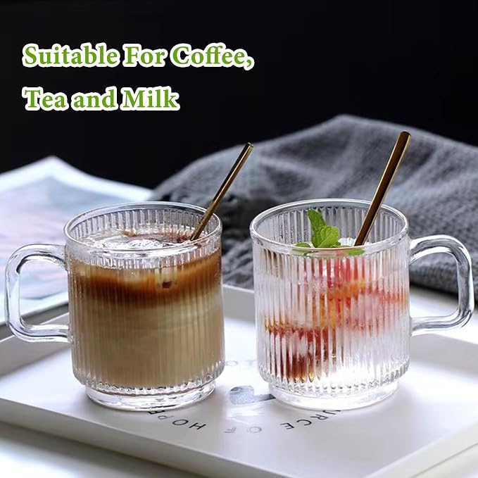 Mfacoy 2 PACK Glass Coffee Mugs with Handle & Spoon, 12 OZ Glass Coffee Cups with Bamboo Lid, Ribbed Glass Cups, Clear Tea Cup for Hot/Cold Beverages, Glassware Set for Americano, Latte, Cappuccino - Image 6