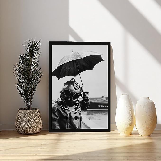 UXCBIA Deep Sea Diver Holding Umbrella, 1940s Paris, Black And White Vintage Photo, Lake House Poster Canvas Poster Bedroom Decor Sports Landscape Office Room Decor Gift Black Frame 24x36in(60x90cm) - Image 6