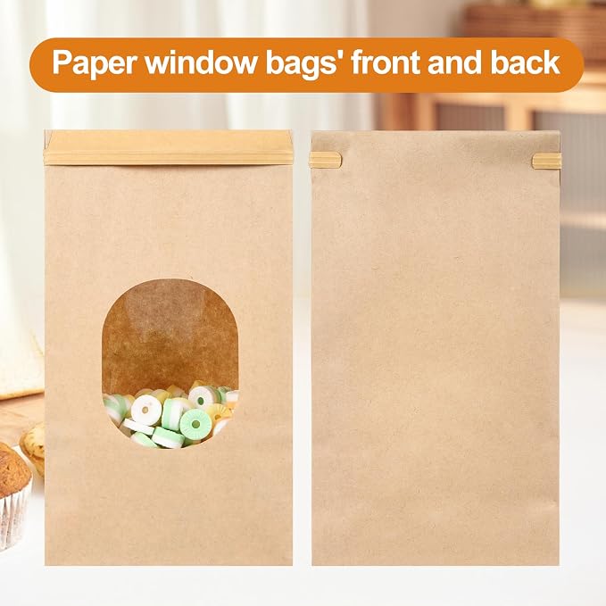 Bakery Bags with Window 60Pcs Kraft Paper Bags for Cookies Coffee | 5x2.75x9.6In Resealable Kraft Bakery Bags with Window & Tin Tie, Keep Cookies Coffee Beans Snacks Fresh & Displayed - Image 4