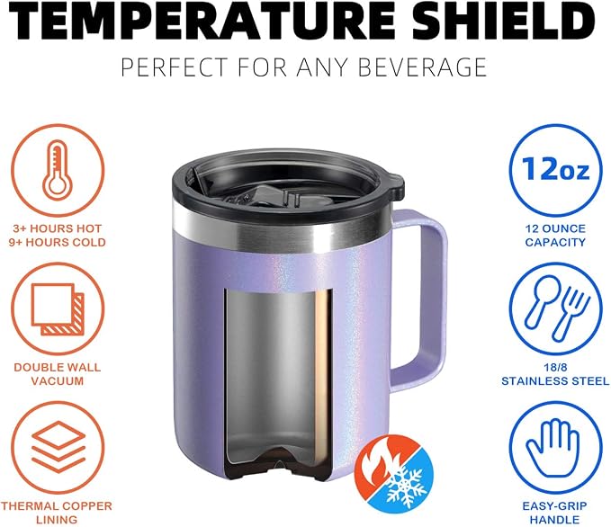 12oz Stainless Steel Insulated Coffee Mug with Handle, Double Wall Vacuum Travel Mug, Tumbler Cup with Sliding Lid, GLITTER LAVENDER - Image 4