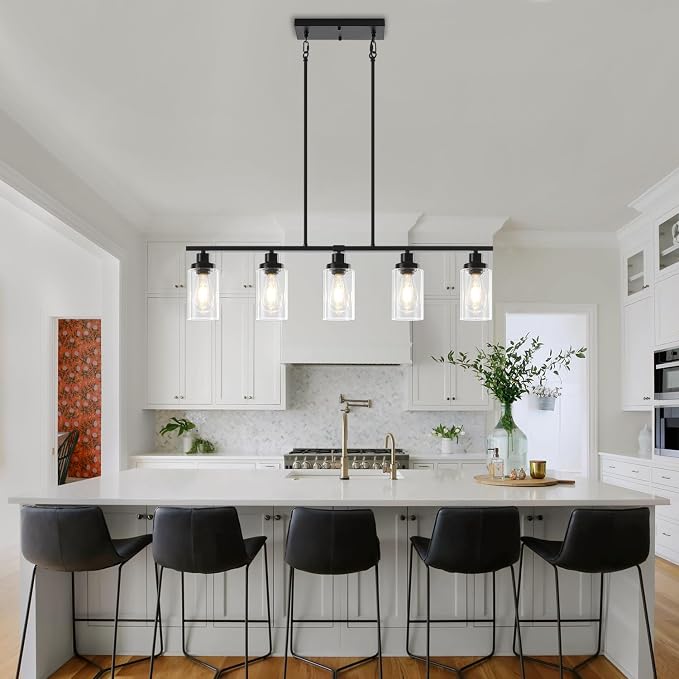 5-Light Black Kitchen Island Lighting, Modern Dining Room Light Fixtures | 37'' Farmhouse Linear Chandeliers Over Table, Island Lights for Kitchen with Clear Glass Shades, Adjustable Height - Image 3
