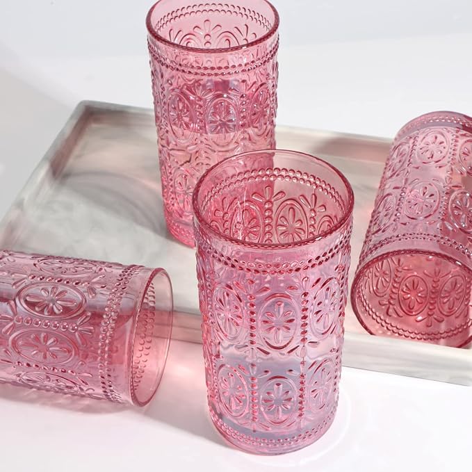 abrwyy Pink Drinking Glasses, 12oz Pink Glassware, Vintage Glassware | Lead-Free Glass, Thick&Durable Glass, Home Decoration, Food Grade Glass - Image 6