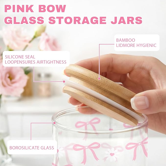 Pink Bow Glass Storage Jars with Lids, Candy Cookie Jars, 3 Pcs | Pink Bow Cute Preppy Kitchen Canister Set for Women Girls Cute Kitchen Counter Decor Airtight Candy Cookie Containers - Image 4