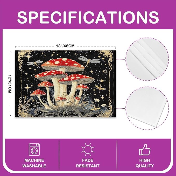 Feelyou Mushroom Decor Table Place Mats 18"x12" Longleg Mushroom Placemats Set of 4 Dragonfly Placemat for Kitchen Dining Table Decor Indoor Outdoor Botanical Theme Decor Table Place Mats - Image 4