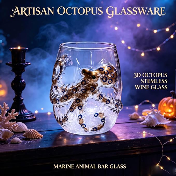 Artisanal Blue Ringed Octopus Glassware, 3D Octopus Stemless Wine Glasses | Handcrafted Marine Animal Bar Glass Collection, 12oz Octopus Drinking Cup for Cocktail, Ocean-Themed Coastal Home Decor Gift - Image 3