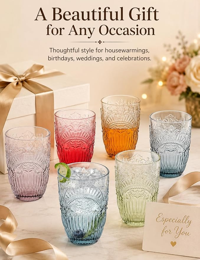 13 OZ 6 Pack Vintage Drinking Glasses Set, Colorful Textured Glass Water Tumblers Cups -Embossed Striped Glassware for Water, Cocktails, Juice, Iced Coffee, Beer(Imperial Arch style) - Image 7