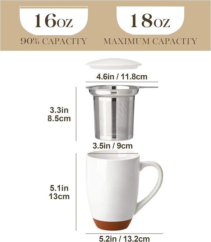 MALACASA Ceramic Tea Mug with Lid and Stainless Steel Infuser, 18 oz Large Tea Cup for Loose Leaf Tea, Heat-Resistant, Microwave & Dishwasher Safe, Speckled Glaze Coffee & Tea Brewer Mug, Khaki White - Image 2