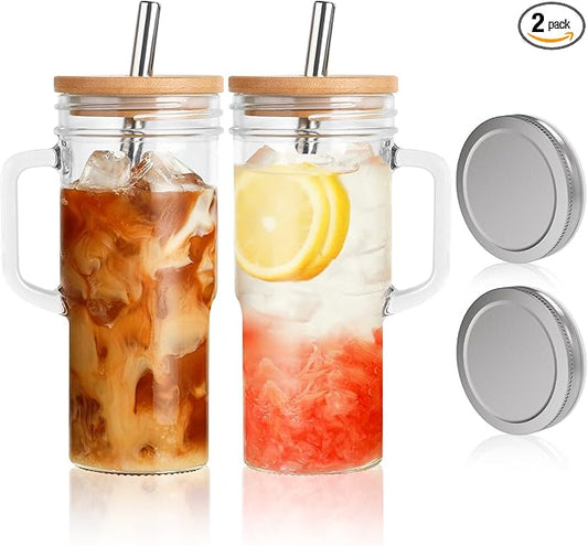 MCleanPin Glass Cups with Bamboo Lids and Straws,24oz Glass Tumbler with Handles,2Pack Mason Jar with Lids and Straw Wide Mouth, Reusable Smoothies Cups, Iced Coffee Cups, Drinking Jars Travel Mugs