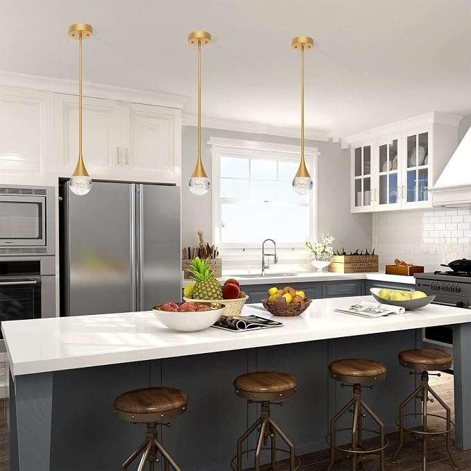 Gold LED Pendant Light for Kitchen Island, Bubble Crystal, 1-Light | Bubble Glass Shade, Modern, Height Adjustable, Ceiling Hanging Lighting for Kitchen Island Dining Room - Image 2