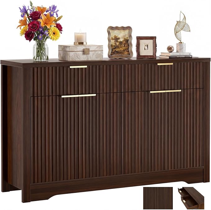 Cyclysio 55" Fluted Buffet Cabinet with Storage, Modern Sideboard Credenza with Adjustable Shelves & Drawers, Coffee Bar Table for Dining Room, Entryway, Kitchen, Black Walnut by Cyclysio