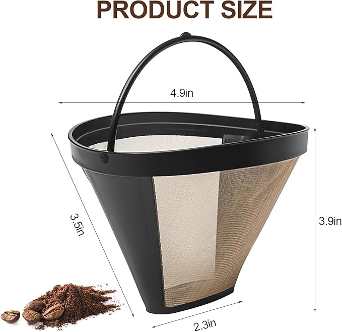 2Pcs Reusable No.4 Cone Coffee Filters, 8-12 Cup Gold Coffee Filter Basket Cone Shape Permanent Basket Filter Coffee Maker Filters for Cuisinart/Ninja Dual Brew Pro Reusable Coffee Filter