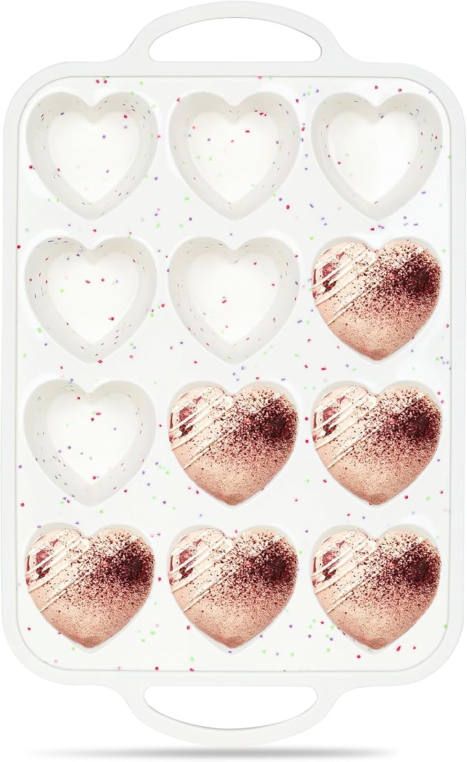 Heart Shaped Muffin Pan, 12 Cup, 2.5 Inch, Cream | Metal Reinforced Frame, Nonstick Silicone, Heart Cake Mold for Baking, Cupcake Tray by AOTASO