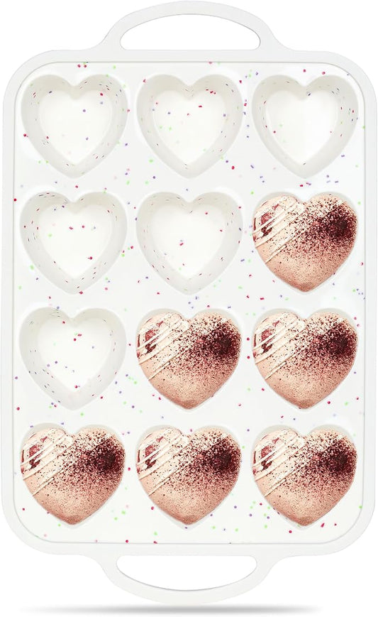 Heart Shaped Muffin Pan, 12 Cup, 2.5 Inch, Cream | Metal Reinforced Frame, Nonstick Silicone, Heart Cake Mold for Baking, Cupcake Tray by AOTASO