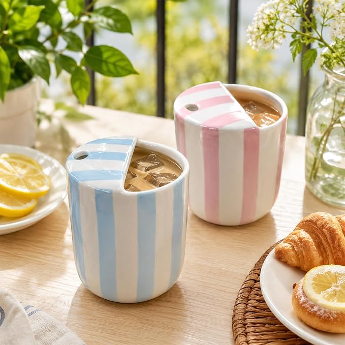 2 Pcs Ceramic Mug with Sip Hole 10 oz Novelty Pink Light Blue Striped Coffee Mug Hand Painted Ceramic Cup Heat Resistant Non Slip Built in One Lid Handcraft Mugs for Coffee Lovers Gift - Image 5