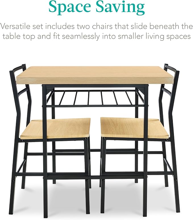 Best Choice Products 3-Piece Modern Dining Set, Space Saving Dinette for Kitchen, Dining Room, Small Space w/Steel Frame, Built-in Storage Rack - Natural/Black - Image 3