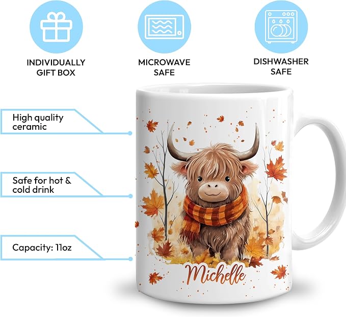 Hyturtle Personalized Fall Highland Cow Maple Leaves Coffee Mug Décor | Birthday Gifts For Cow Lovers - Fall Autumn Gifts For Farmhouse Thanksgiving - Custom Name 11oz White Ceramic Coffee Tea Mug - Image 3