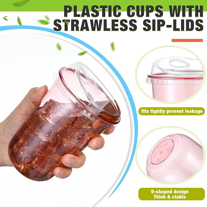 Ziliny 50 Sets Clear Plastic Coffee Cups with Sip Lids, Disposable Plastic PET Crystal Cups for Iced Coffee, Smoothie, Cold Beverage, Drink Shops and Party Catering (Pink,16 oz) - Image 4