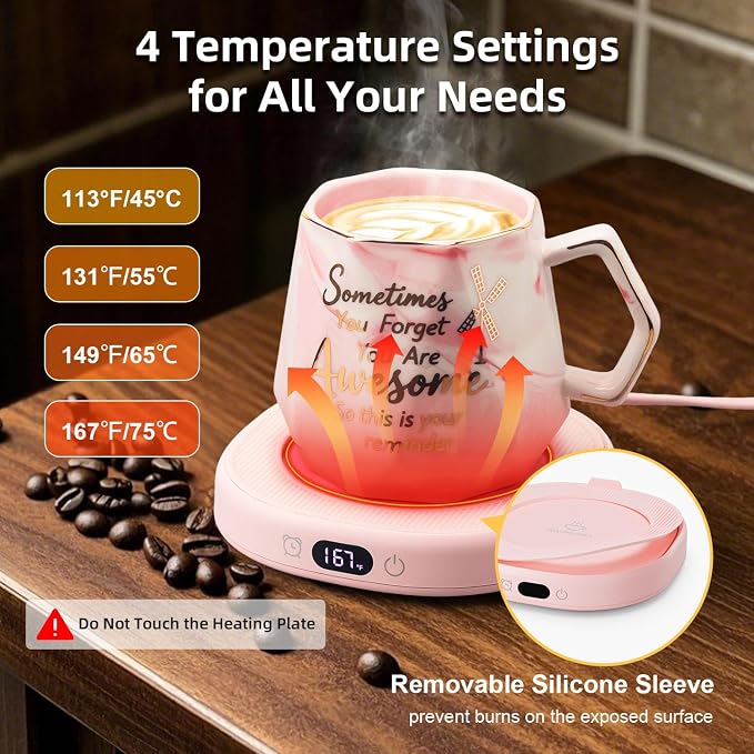 Coffee Mug Warmer Set Smart Electric Heated Cup Beverage Tea Candle Plate | You are Awesome Pink Mug Electric Warmer Set for Office Desk, 4 Temperature Control 8 Hrs Auto Shut Off, Ideal Gift for Women - Image 2