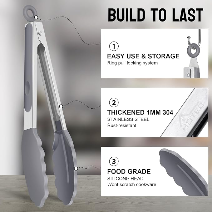 HOTEC Premium Stainless Steel Locking Kitchen Tongs with Silicon Tips, Set of 3-7", 9" and 12" (Grey) - Image 5