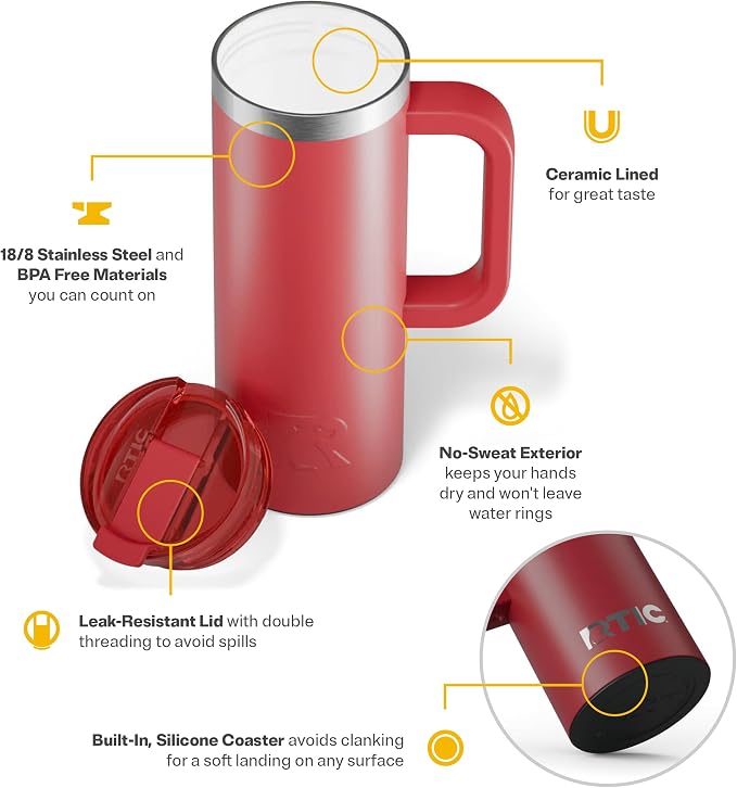 RTIC 20oz Road Trip Travel Mug with Lid and Handle, Ceramic Lined, Insulated, Stainless Steel, Metal, Double Wall Vacuum-Insulation, Portable Coffee, Tea Cup for Hot and Cold Drink, Flag Red - Image 3