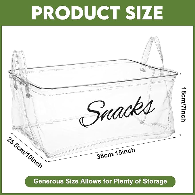 17 Pcs Snack Basket Sets, Snack Storage Bin for Pantry Shelves with 16 Pcs 2 Inch Chip Clips, Basket Organizer for Kitchen Home, Chips, Popcorn, Candy, Pretzels (PVC,Clear) - Image 3