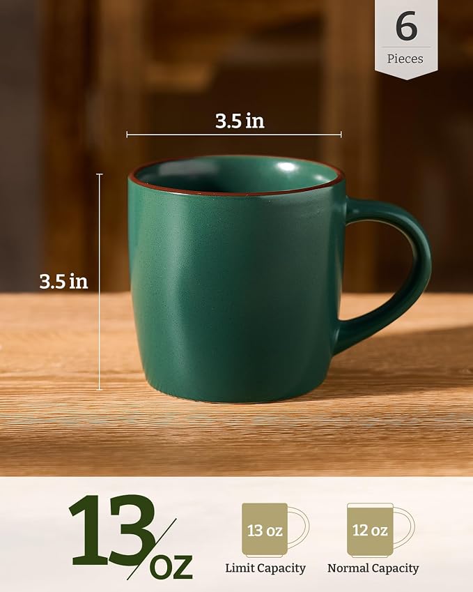 famiware Mercury Coffee Mugs 13 oz, Coffee Mugs Set of 6 with Handle, Ceramic Cups for Latte, Hot Tea, Cappuccino, Mocha, Cocoa, Dark Green - Image 4
