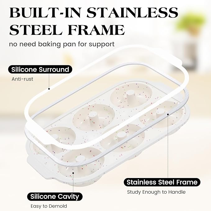 Silicone Donut Pan for Baking with Metal Reinforced Frame Nonstick 6 Cavity Donut Molds Doughnut Tray 3.25 Inch Large Bagel Molds 1Pc (Cream)