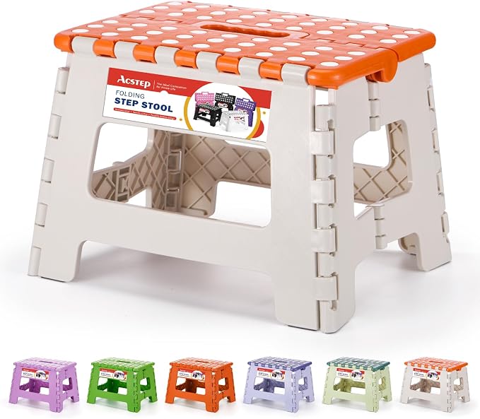 ACSTEP Folding Step Stool 9 Inch for Kids, 300 lbs, Bicolor Orange | Lightweight Plastic Small Foldable Step Stool with Handle, Non-Slip, for Kitchen, Bathroom, Bedroom and Closet by ACSTEP