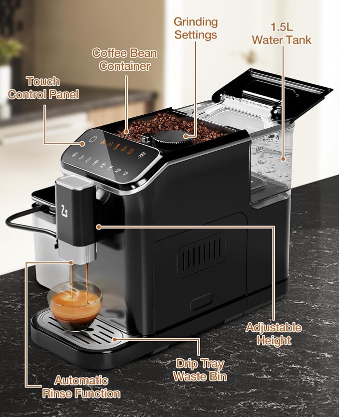Jojoka 20 Bar Fully Automatic Coffee Machine with Grinder & Frother | Touchscreen control, 15 adjustable grind settings, dual boiler, 1.5L removable water tank, automatic milk frother - Image 6