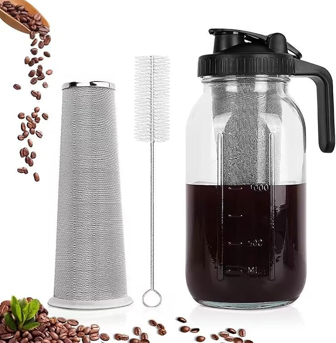 Cold Brew Coffee Maker Jar, Stainless Steel Filter Thick Glass Jar, Iced Coffee Pitcher with Spout Lid and Handle, Dishwasher Safe for Working from Home (2000ml)
