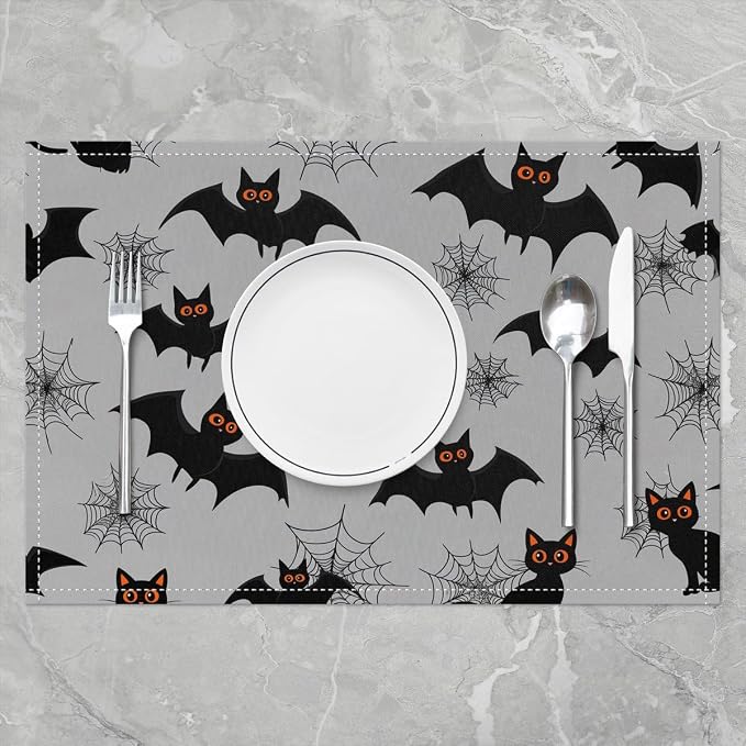 Feelyou Happy Halloween Placemats Set of 4 Bats Pattern Table Mats for Party Kitchen Dining Decoration Gray Black Place Mat for Table Holiday Decor Indoor Outdoor 18"x12" Non-Slip Spooky Cat - Image 2
