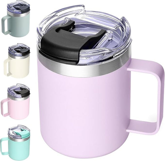 12oz Insulated Travel Coffee Mug with Handle, Lavender | Stainless Steel Coffee Tumbler with Lid, Double Wall Vacuum Thermal Cup for Camping by ALOUFEA
