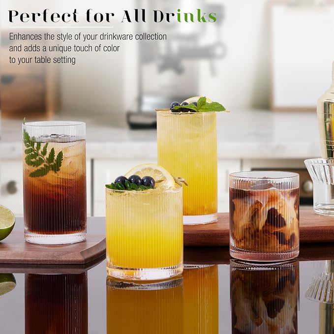 Ribbed Drinking Glasses Cups Set of 8 Large Capacity Highball 17oz&12oz | Rocks Cocktail Glasses Ideal for Beer, Juice, Water, Ice Coffee Cup, Whiskey, Mixed Drinkware - Image 5