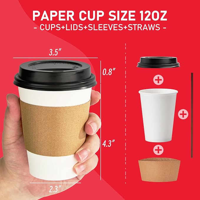 12 oz Paper Coffee Cups with Lids 100 Pack, Disposable Hot Coffee Cups with Lids, Sleeves and Stirring Sticks, To Go Cups, for Parties, Picnic, Travel, and Events - Image 5