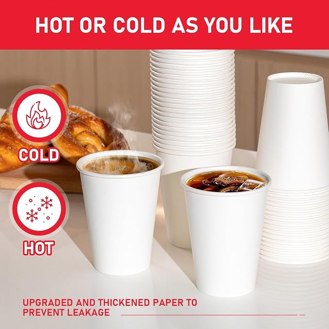 12 oz 300 Pack Paper Coffee Cups, Hot Paper Cups, Thickened Leak-Free White Disposable Coffee Cups for Hot and Cold Drinks - Image 4
