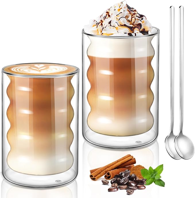 ecooe Double Walled Glass Coffee Mug 12 oz Latte Cappuccino Cups Set of 2, Ripple Shaped Clear Glass Cups, Insulated Double Wall Glass Tea Cup for Milk Juice Ice Cream, Birthday Gifts for Mum Dad