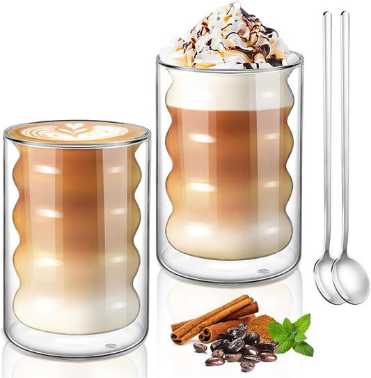 ecooe Double Walled Glass Coffee Mug 12 oz Latte Cappuccino Cups Set of 2, Ripple Shaped Clear Glass Cups, Insulated Double Wall Glass Tea Cup for Milk Juice Ice Cream, Birthday Gifts for Mum Dad