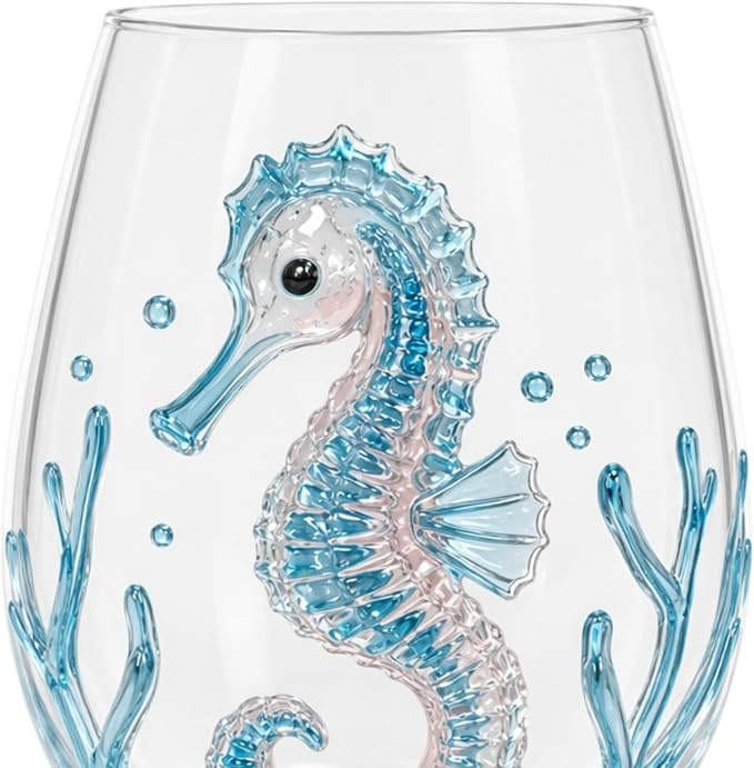 Blue Handmade Stemless Wine Glass 3D Ocean Cup (White Style 5) | 3D Sculpted Handmade Blue Ring Stemless Glass Ocean Cup Handblown Glassware (White Style 5) - Image 6