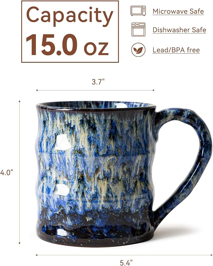 Unique Reactive Glaze Ceramic Coffee Mug - 15 oz Large Coffee Cup with Ergonomic Handle, Deep Sea Blue Ceramic Mug for Office & Home, Great Birthday Gift for Women, Men & Friends - Image 9