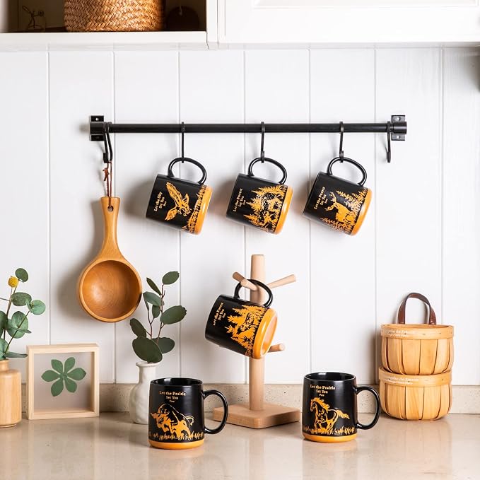 AmorArc 18oz Large Coffee Mugs Set of 6, Ceramic Coffee Mugs with Animal Wildlife Textured Patterns for Tea Latte Cocoa. Easy to Hold&Clean, Dishwasher&Microwave Safe, Matt Black - Image 7