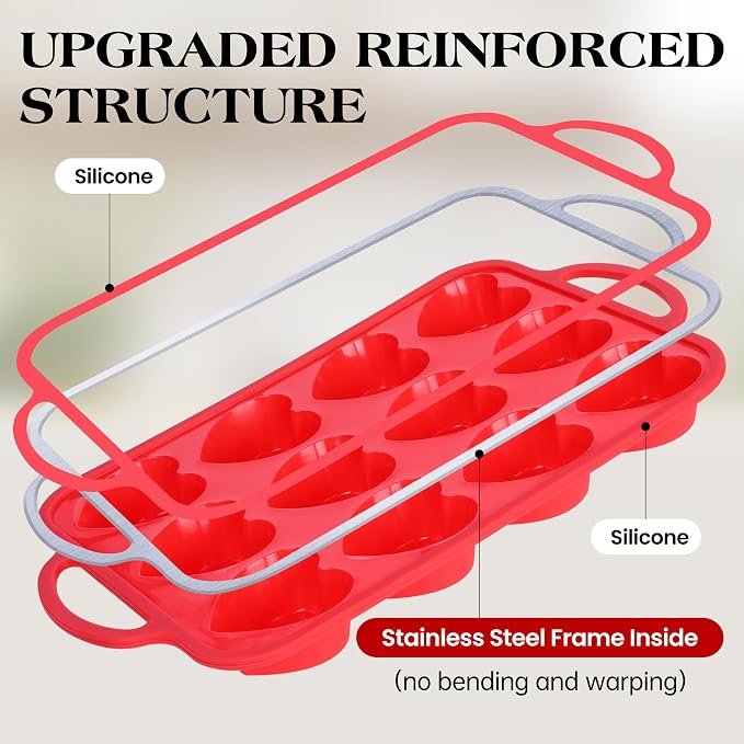 2 Pcs Heart Shaped Muffin Pan with Metal Reinforced Frame 12 Cup Nonstick Silicone Heart Cake Mold for Baking 2.5 Inch Cupcake Tray (Red) - Image 2