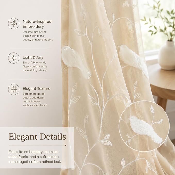 Sheer Curtains 96 Inches Long, Taupe Sheer Curtains Rod Pocket Bird Embroidered Curtains for Living Room/Bedroom, W60X L96, 2 Pieces | Filters Light Gently, Farmhouse Inspired Style, Rod Pocket Design, for Bedroom and Living Room - Image 5