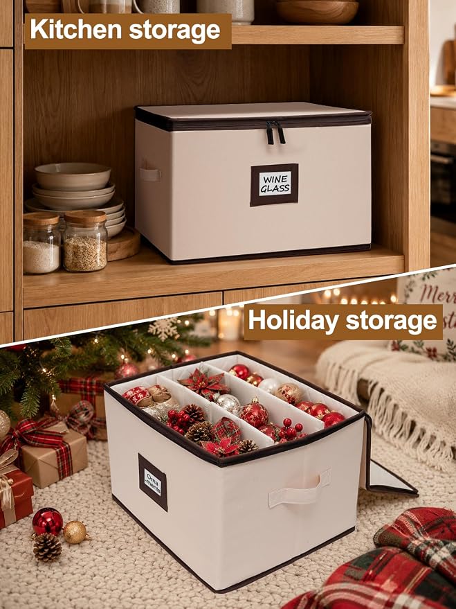 punemi Wine Glass Storage Box, 2-Pack Hard Shell Case with Padded Dividers | Hard shell support with dustproof lid and padded dividers, stackable for wine glasses, stemware and goblets, beige Set of 12 - Image 7