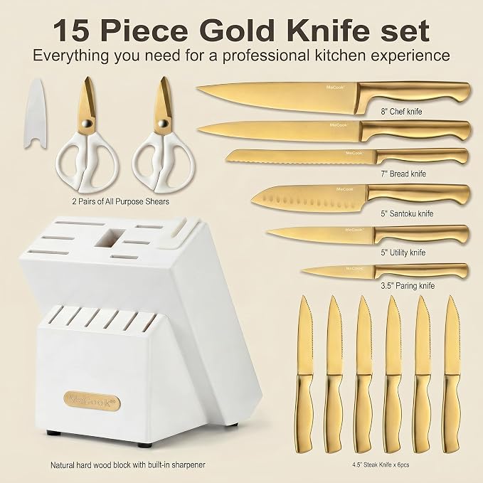 McCook Knife Set Gold Kitchen Knife Block Set w Built-in Sharpener | German Forged Stainless Steel,15 PC,Razor Sharp,Anti-Rust, Ergonomic Handles,Full Tang,Elegant Gold, Gift Box - Image 2