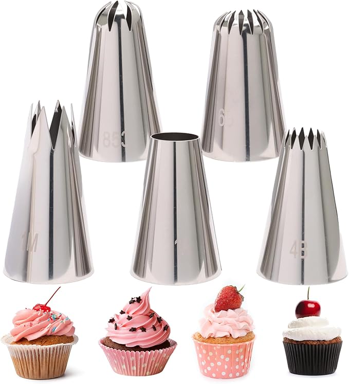 1M+6B+4B+853+1A Piping Tips Set for Cake Decorating - 5 Piece Stainless Steel Star Nozzles for Buttercream, Icing, Cupcakes & Cookies