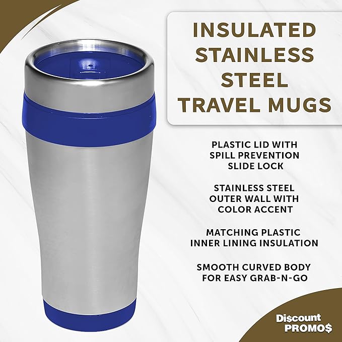 DISCOUNT PROMOS Insulated Stainless Steel Travel Mugs 16 oz. Set of 10, Bulk Pack - Perfect for Coffee, Soda, Other Hot & Cold Beverages - Blue
